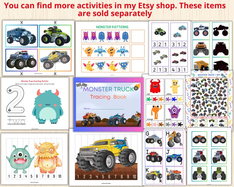 May include: A collection of printable monster truck-themed educational activities. Includes tracing books, counting exercises, pattern matching, and I Spy games. The image features colorful illustrations of monster trucks and friendly monsters.