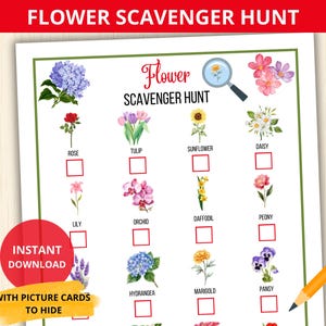 Flower Scavenger Hunt,Flower treasure hunt,Flower Identification,Spring Activity, Flower flashcards,indoor Activity,Nature Activity,Flower Unit Study