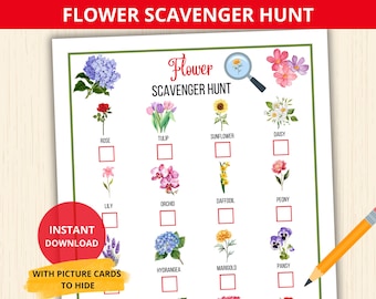 Flower Scavenger Hunt,Flower treasure hunt,Flower Identification,Spring Activity,Flower flashcards,indoor Activity game,Flower Unit Study