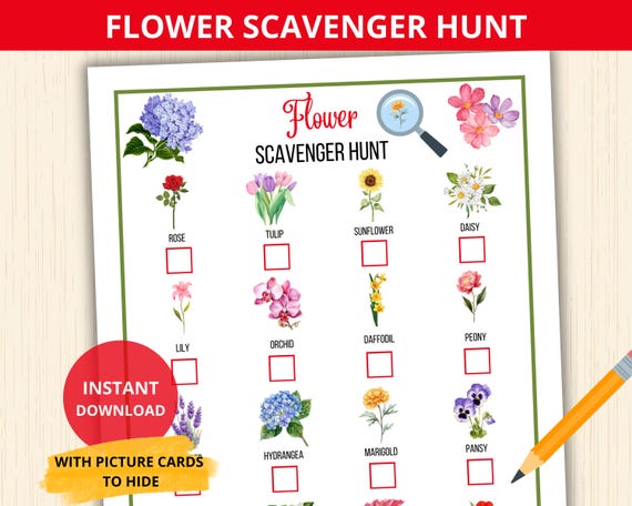 Flower Scavenger Hunt,Flower treasure hunt,Flower Identification,Spring Activity,Flower flashcards,indoor Activity game,Flower Unit Study