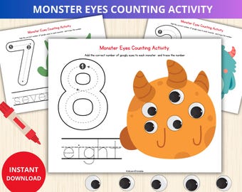 Monster Counting Activity,Counting Monster Eyes,Number tracing,Counting Activity For Kids,handwriting practice,number worksheets,prek trace