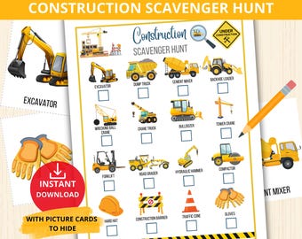 Construction Scavenger Hunt,vehicles scavenger hunt for Kids,indoors treasure hunt,Construction Learning Games,Construction Party Game,party