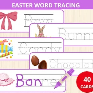 May include: 40 Easter-themed tracing cards featuring words like "Bow", "Bunny", "Candy", "Chocolate", and "Bonnet". Each card has a dotted line for tracing the letters and an illustration related to the word.