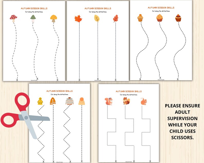 Enhance your preschooler's fine motor skills with our Autumn Cutting Practice sheets! Featuring festive fall designs like leaves, pumpkins, and acorns, these printable worksheets are perfect for developing scissor skills.