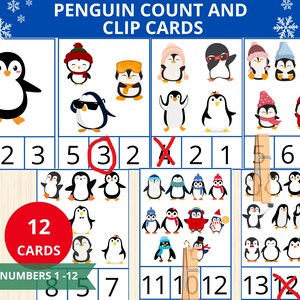May include: A set of 12 penguin clip cards for counting practice. Each card features a different number of penguins, from 1 to 12, with a corresponding number at the bottom. The cards are printed on white paper with blue borders and feature colorful cartoon penguins.