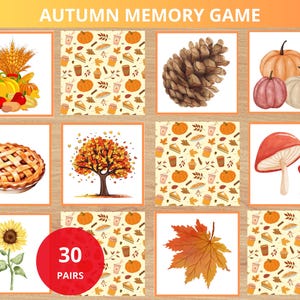 Peut inclure: Un jeu de mémoire sur le thème de l'automne avec 30 paires de cartes. Les cartes présentent des illustrations de citrouilles, de tarte, de champignons, de feuilles et d'autres éléments automnaux. Le jeu est conçu avec une palette de couleurs chaudes.