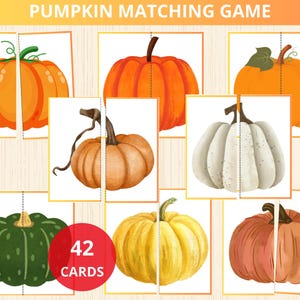 Könnte beinhalten: Ein druckbares Kürbis-Memory-Spiel mit 42 Karten, die verschiedene farbige Kürbisse zeigen. Das Spiel soll Kindern helfen, Farben und Formen zu lernen.