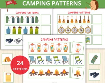camping Patterns,what comes next,scissors skills,camping activities,camping montessori,Kindergarten, Homeschool, Toddler, Preschool Patterns