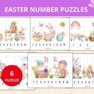 May include: Six printable Easter-themed number puzzles featuring bunnies, chicks, gnomes, and other spring imagery. Each puzzle has 10 pieces and is labelled with numbers 1 through 10.