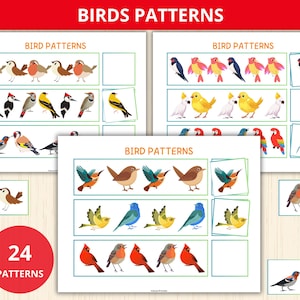 Puede incluir: Una hoja de trabajo imprimible con 24 patrones de pájaros. La hoja de trabajo está dividida en tres secciones, cada una con un patrón diferente de pájaros. Los pájaros son coloridos y tienen diferentes formas y tamaños. La hoja de trabajo se titula "Patrones de pájaros".