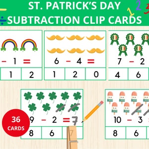 May include: A set of 36 St. Patrick's Day subtraction clip cards. Each card features a colorful image and a subtraction problem. The cards are designed to help children learn basic subtraction skills.