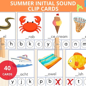 Puede incluir: 40 tarjetas de clip para aprender los sonidos iniciales con imágenes de temática veraniega. Las tarjetas presentan imágenes de una anguila, un cangrejo, un cono de helado, una red de pesca, un barco, una toalla y un pez. Cada tarjeta tiene un espacio en blanco para la letra y un conjunto de letras para elegir.
