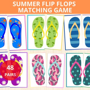 Könnte beinhalten: Ein Set mit 48 Paaren bunter Flip-Flop-Karten für ein Memory-Spiel. Die Karten zeigen verschiedene Muster, darunter Blumen, Palmen, Streifen, Wassermelonen und Punkte.