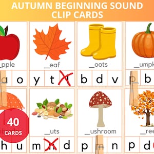 herfst Begingeluiden clip, herfst begingeluid, herfst Montessori kleuterschool, voorschoolse klanken, lettergeluiden, kaarten herfstdieren, vroege geletterdheid