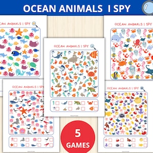 Activité de comptage des animaux de l'océan que j'espionne,sous la mer,cherche et trouve,l'été que j'espionne,livre chargé sur les animaux de l'océan,cartes-éclair pour l'été,préscolaire,maternelle