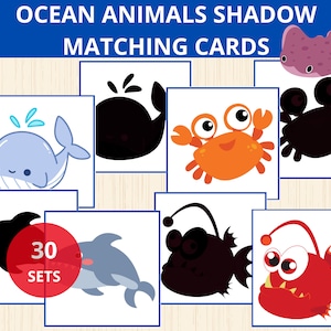Cartões de combinação de sombras de animais marinhos, sombras de animais marinhos, cartões de animais marinhos, flashcards de animais marinhos, pré-escola de verão, atividade de animais marinhos