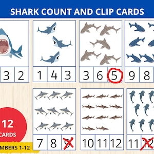 May include: Shark count and clip cards with numbers 1-12. The cards feature illustrations of sharks in various quantities, with numbers below each image. A red circle highlights the number 5.