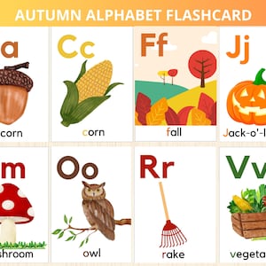 Alphabet d'automne,cartes-éclair d'automne,étude d'unité d'automne,cartes d'alphabet pour le préscolaire,cartes à lettres,montessori d'automne préscolaire,automne abc,préscolaire,maternelle