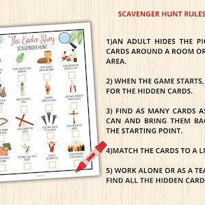 Pode incluir: Um jogo de ca&ccedil;a ao tesouro de P&aacute;scoa imprim&iacute;vel com uma lista de 12 eventos da hist&oacute;ria da P&aacute;scoa. O jogo inclui um t&iacute;tulo, "The Easter Story Scavenger Hunt", e instru&ccedil;&otilde;es para jogar o jogo.