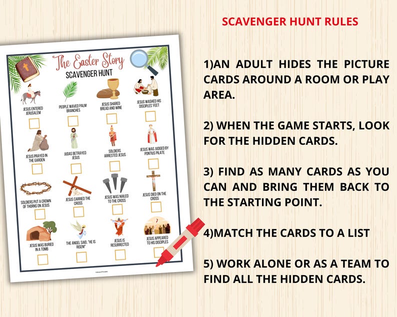 Pode incluir: Um jogo de ca&ccedil;a ao tesouro de P&aacute;scoa imprim&iacute;vel com uma lista de 12 eventos da hist&oacute;ria da P&aacute;scoa. O jogo inclui um t&iacute;tulo, "The Easter Story Scavenger Hunt", e instru&ccedil;&otilde;es para jogar o jogo.