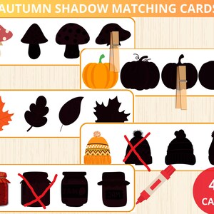 May include: A set of 40 autumn-themed shadow matching cards. The cards feature images of mushrooms, pumpkins, leaves, hats, and jars. The images are paired with their shadows, making it a fun and educational activity for children.