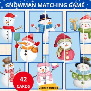 Peut inclure: Un jeu de 42 cartes de correspondance de bonhomme de neige. Chaque carte est divisée en deux, montrant un bonhomme de neige avec différents accessoires. Les cartes sont imprimées sur du papier cartonné blanc avec un fond bleu. Le texte "42 CARTES" et "puzzles en 2 pièces" est imprimé sur les cartes.