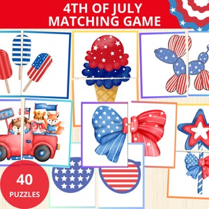 Gioco di abbinamento del 4 luglio, puzzle simmetrico del 4 luglio, attività di abbinamento, abbinamento simmetrico, giochi per il giorno dell'indipendenza degli Stati Uniti, puzzle del 4 luglio, prek