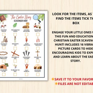 Engage your little ones with this fun and educational Christian Easter Scavenger Hunt! Includes 16 vibrant picture cards to hide, encouraging kids to explore and learn about the Easter story.
