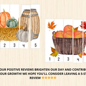 May include: A printable puzzle with five sections showing a fall harvest scene. The top section shows a pumpkin, a green gourd, and hay. The bottom section shows a basket of red apples. The middle section shows a wooden barrel.