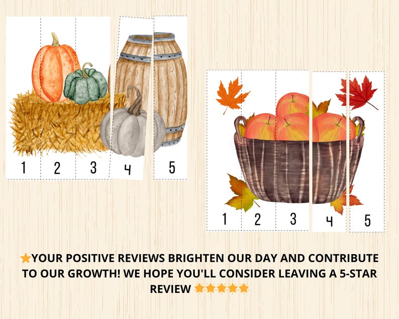 May include: A printable puzzle with five sections showing a fall harvest scene. The top section shows a pumpkin, a green gourd, and hay. The bottom section shows a basket of red apples. The middle section shows a wooden barrel.