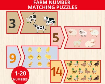 May include: A colorful educational matching puzzle for kids featuring farm animals. The puzzle includes numbers 1-20, cows, sheep, chicks, and ducks.