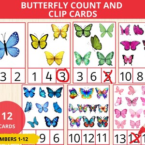 Cartões de contagem e clipe de borboletas, atividade matemática de primavera, números de 1 a 10, contagem de borboletas, borboleta montessoriana, matemática pré-escolar da natureza, insetos