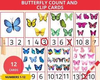 Butterfly count and clip cards,spring math activity,numbers 1-10,counting butterflies,butterfly montessori,nature preschool math,insect bugs