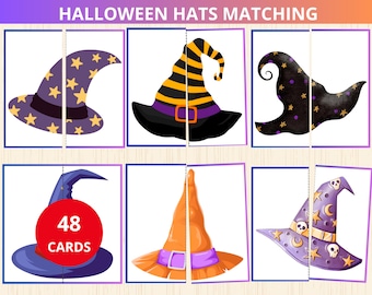 Halloween Hats Matching,halloween Halves,Halloween Party Game,Prek Centers,halloween Puzzles,halloween Preschool,halloween symmetry matching