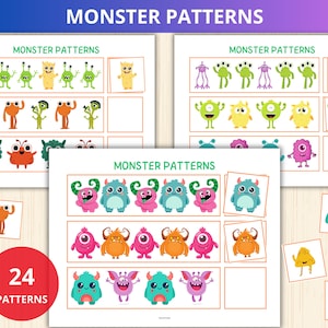 May include: A printable worksheet with 24 monster patterns for children to complete. The worksheet features colourful monsters with different features, such as horns, eyes, and teeth. The worksheet is designed to help children learn about patterns and sequences.