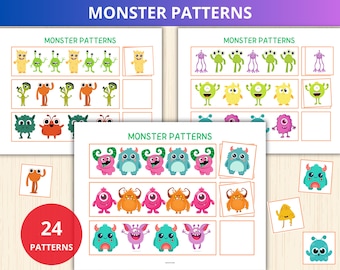 Monster Pattern,pattern recognition,what comes next,monster Preschool,sequencing practice,visual recognition,Preschool Pattern,sequence game