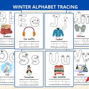 May include: A collection of winter-themed alphabet tracing sheets. Each sheet displays a letter with a related winter image and word, like "Blanket," "Ear muffs," and "Mittens." Includes a red crayon.