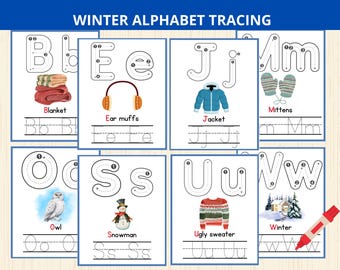 winter alphabet tracing,preschool tracing worksheet,winter preschool activity,kindergarten writing practice,winter vocabulary,letter tracing