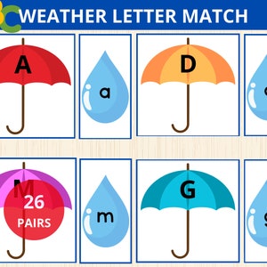 correspondência de letras climáticas, letras pré-escolares, jogo de correspondência de alfabeto, correspondência de alfabeto, reconhecimento de letras, jogo meteorológico, clima montessori, prek, kinder