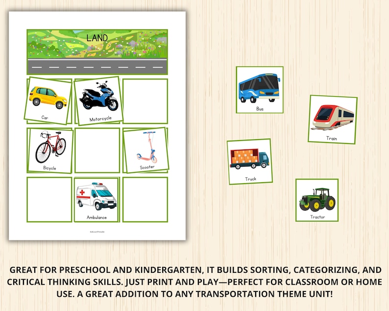 Transportation Sorting Activity,vehicle Sorting Cards,land, Water & Sky ...