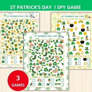 May include: Three St. Patrick's Day I Spy game sheets with green and gold themed illustrations. The games feature shamrocks, rainbows, pots of gold, and leprechaun hats. A red circle with the text "3 GAMES" is at the bottom.