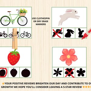 Op de afbeelding: Een collage met illustraties, waaronder een groene fiets, een wit konijn, een rode aardbei en een roze bloem. De tekst "USE CLOTHESPIN OR DRY ERASE MARKERS" is aanwezig. De afbeelding bevat ook silhouetten en een rode stift.