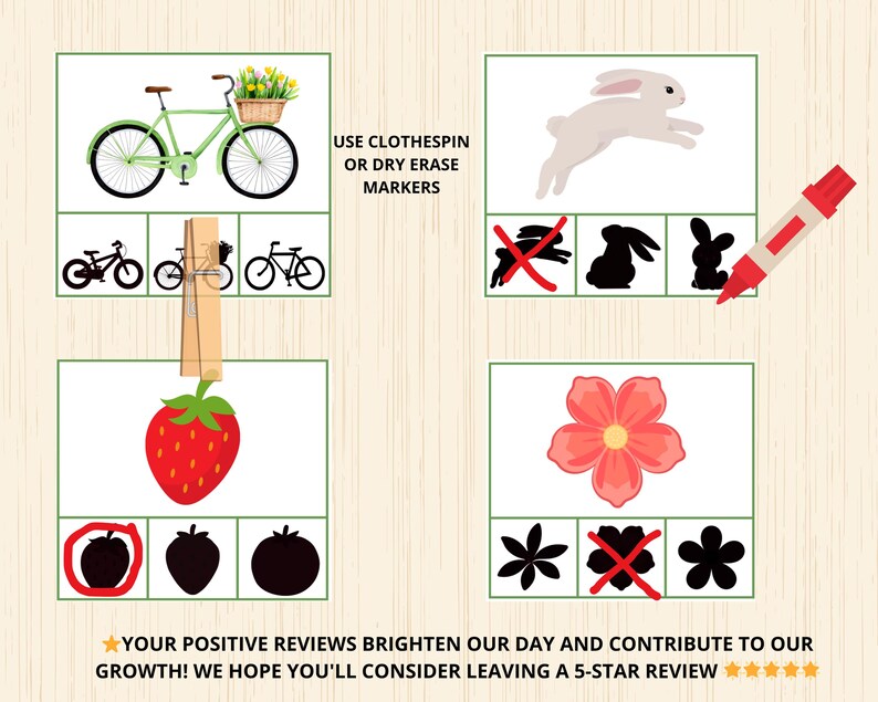 Op de afbeelding: Een collage met illustraties, waaronder een groene fiets, een wit konijn, een rode aardbei en een roze bloem. De tekst "USE CLOTHESPIN OR DRY ERASE MARKERS" is aanwezig. De afbeelding bevat ook silhouetten en een rode stift.