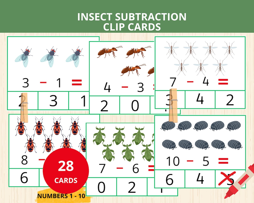 Math Bug Insect Insect Subtraction Clip Cards,math Clip Card,bug Math Activity ...