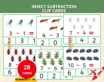 Tarjetas de resta de insectos, tarjetas de matemáticas con clips, actividad matemática de insectos, resta preescolar, práctica de resta, estudio de la unidad de insectos, juego de matemáticas de primavera