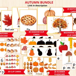 May include: An autumn-themed educational resource bundle for kids. The bundle includes 40 flashcards, 40 shadow clip cards, 20 matching cards, 20 clip cards, 20 number flashcards, and 20 beginning sound clip cards. The cards feature images of pumpkins, leaves, acorns, pies, and other autumn-themed objects.