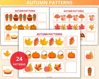 Autumn Patterns,fall Montessori,pattern worksheets,Homeschool Learning,Fall Activity for Kids,what comes next,sequence game,autumn preschool