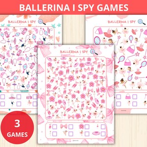 Może przedstawiać: Trzy gry „Szukam i widzę” o tematyce baletowej. Każda gra zawiera inny wzór przedmiotów związanych z baletem, w tym tutu, kokardy i baletki. Gry są w odcieniach różu i bieli, z tekstem „BALLERINA I SPY GAMES”.