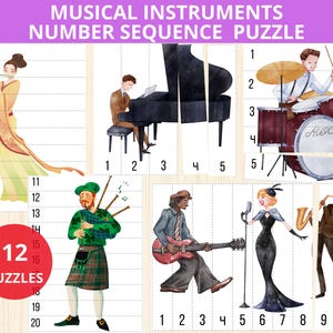 May include: A set of 12 musical instrument themed puzzles for kids. The puzzles are numbered 1 through 20 and feature illustrations of a flute player, a pianist, a drummer, a bagpiper, a guitarist, a singer, and a saxophonist.