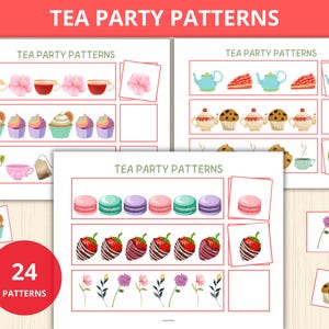 May include: A collection of tea party patterns featuring watercolor illustrations of teacups, cupcakes, teapots, macarons, strawberries, and flowers. The text "TEA PARTY PATTERNS" is displayed at the top, with "24 PATTERNS" in a red circle.